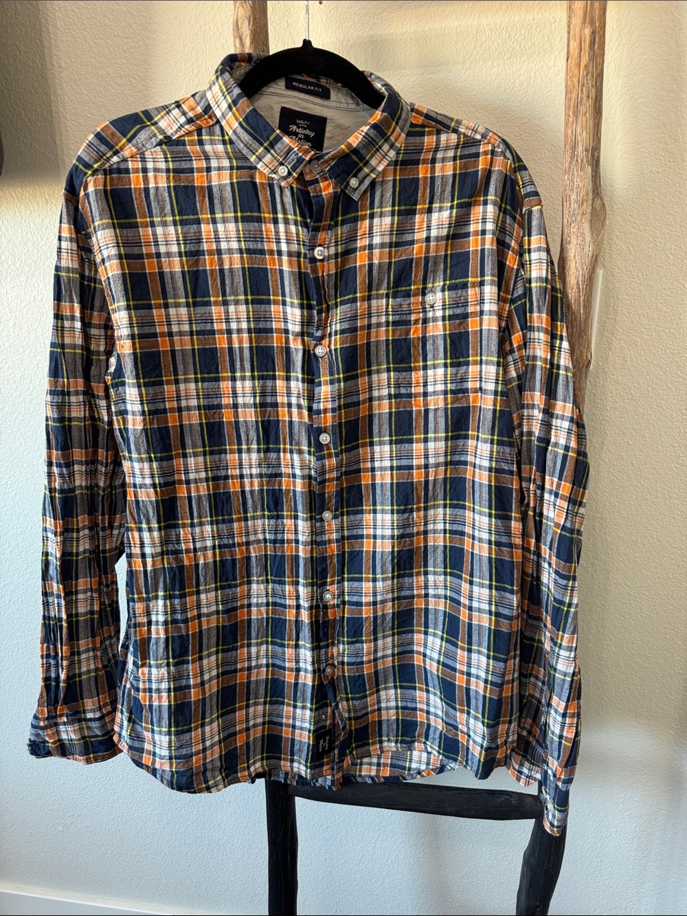 Men's Plaid Button-Up Shirt in Navy & Orange